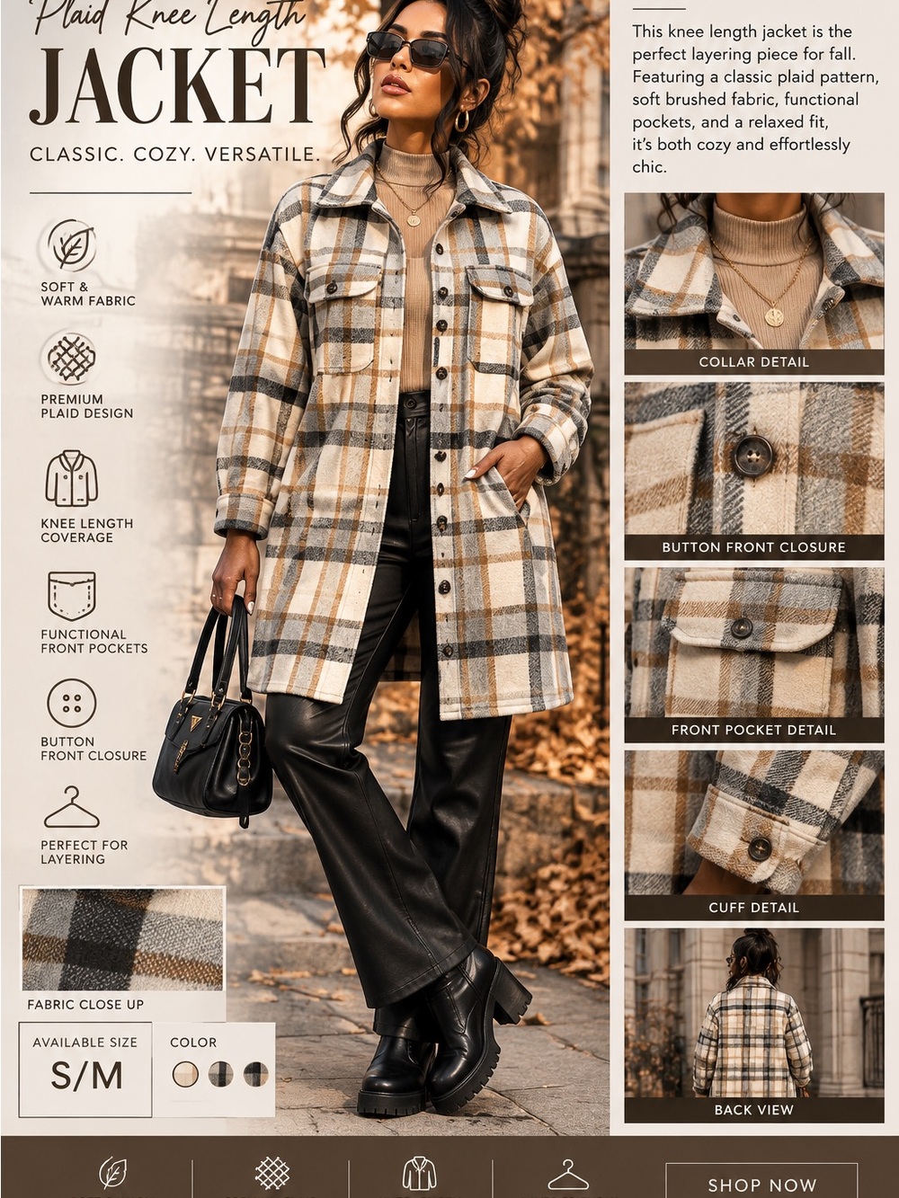 Plaid Knee-Length Shacket Jacket — Cream & Brown size 14